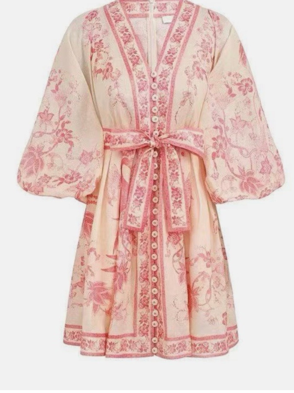 Zimmerman linen Floral Pink Belted V-Neck Mini Dress